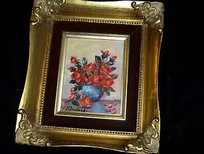 ORIGINAL Royal Bouquet Red Rose Blue Vase Signed Oil On Canvas Painting VINTAGE • $35