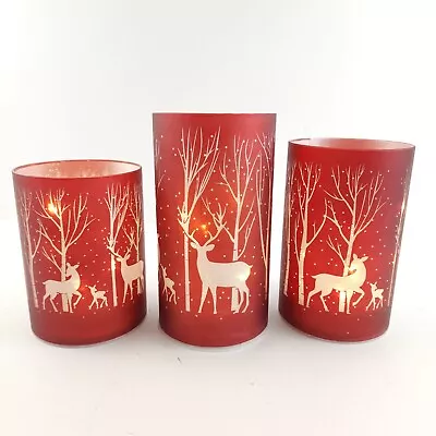 Set Of 3 Illuminated Woodland Deer Pillars By Valerie- Red • $39.99