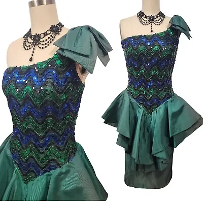 Vtg 80s Prom Dress XS Green Blue Green Sequins Ruffle Peplum One Shoulder  • $59.99