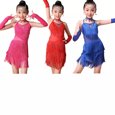 Girls Tassel Shiny Latin Halter Dress Sleeveless Salsa Samba  Ballroom 3-15Y  • $30.99