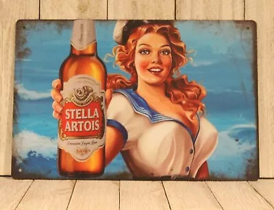 Stella Artois Beer Tin Metal Sign Pinup Girl Poster Bar Vintage Rustic Style XZ • $10.97