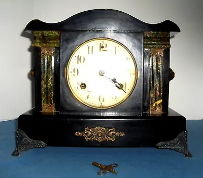 Antique Waterbury Two Marbleized Columns Black Enamel Mantel Clock - Is Working! • $126.46