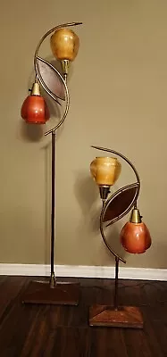 Rare Mcm Vtg Majestic Tulip Style Teak Brass Space Age  Glass Floor Table Lamps • $1229.47