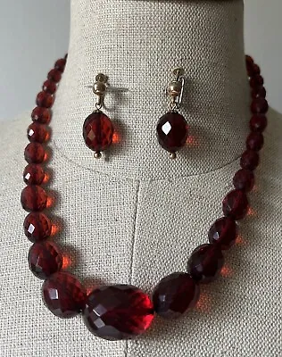 VTG Cherry Amber Bakelite Graduated Faceted Beads Necklace & Earrings 10K Clasp • $100