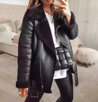 $85.37 • Buy Zara Black Faux Leather Shearling Fur Double Faced Biker Jacket Aviator Coat New