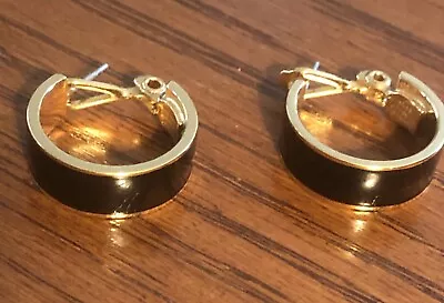 Vintage Monet Signed Gold Tone Black Enamel Hoop Pierced Earrings 2 3/4  • $5