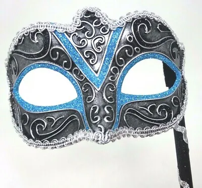 Turquoise Silver & Black Hand Held Stick Venetian Masquerade Ball Carnival Mask • £13.99