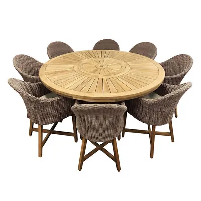 $5590 • Buy NEW Solomon 1.8M Round Outdoor Teak Dining Table W/ Coastal Wicker Chairs, Latte