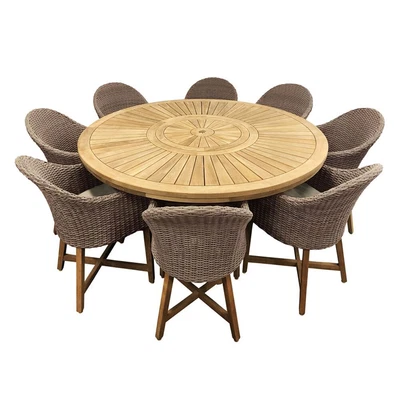 $5590 • Buy NEW Solomon 1.8M Round Outdoor Teak Dining Table W/ Coastal Wicker Chairs, Latte