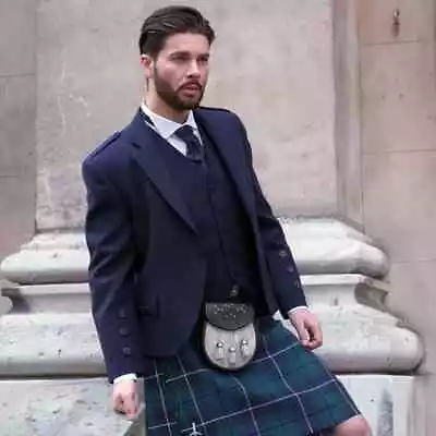 Scottish Navy Blue Wool Argyle Jacket With Vest Men Kilt Blue Jacket & Waistcoat • $75.99