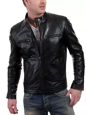 New Leather Jacket Mens Biker Motorcycle Real Leather Coat Slim Fit Black #1097 • $118