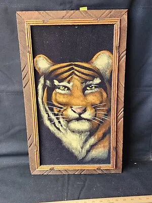 Vintage Tiger Velvet Art Painting Wood Framed 23x14in No Damage  • $26