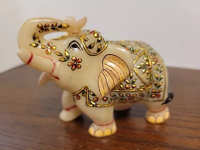 Artist Painted Marble Elephant 4  Long Genuine Gold Made In India Trunk Up • $12.95