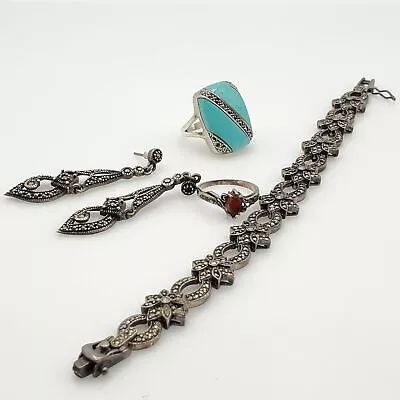 925 925 Silver Thailand Glass Marcasite Turquoise Jewelry+Ring Repair Lot 45.65g • $9.99