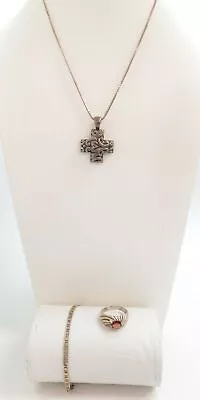 925 Sterling Silver Cross Pendant Necklace Garnet Ring & Chain Bracelet 21.6g • $18.99