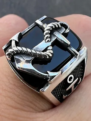 Mens Real 925 Sterling Silver Natural Black Onyx W. Anchor Sailor Maritime Ring • $48.22