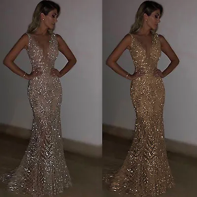 £31.99 • Buy Womens Sparkly Bling V Neck Long Maxi Dress Ball Gown Prom Evening Party Sequins