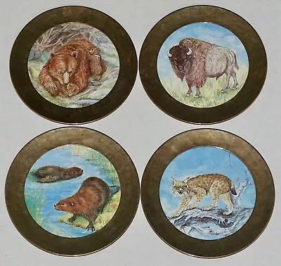 4 Vtg Berendsohn Brass Framed Keramik Tiles Irene Hullen Bear Bison Beaver Lynx  • $26