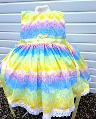DREAM SALE 0-5 Years BABY GIRLS Pastel Rainbows Twirly Lined Tie Belt  Dress • £18.99
