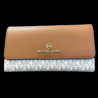 Michael Kors Jet Set Charm Leather Large Trifold Wallet Vanilla/Acorn NWOT • $70