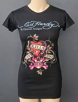 ED HARDY By CHRISTIAN AUDIGIER Ladies Tee  Love Kills Slowly Skull/Heart Size XS • $110