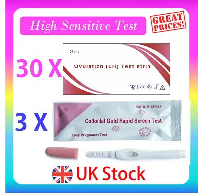 £5.25 • Buy 30 Ovulation Tests + 3 Pregnancy Stick Test Kits Urine Fertility Kit