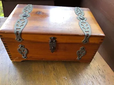 Vintage Wooden Box With Hinged Lid Brass Latch & Hardware 10in Wide • $15.95