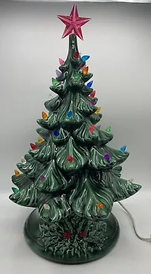 Vintage Atlantic Mold Ceramic Christmas Tree With Holly Base Lights And Star 19” • $129.93