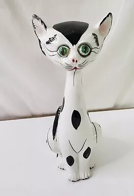 Vintage 1960 Italian Pottery Ceramic Long Neck Green Eyed Cat Statue Figurine • $24.99