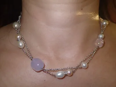 Designer Salavetti 18k WG Double Strand Pearl/Chalcedony/Diamond Necklace • $1800