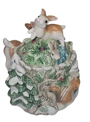 Fitz & Floyd Woodland Cookie Jar Deer Bunnies Rabbit Snow Winter Lidded Fawn • $89.95