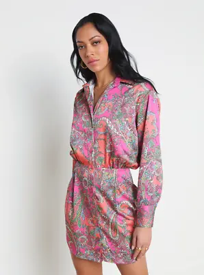 AUTH L'AGENCE Demetria Mini Shirt Dress RHODAMINE MULTI BRIGHT POP PAISLEY • $179.99