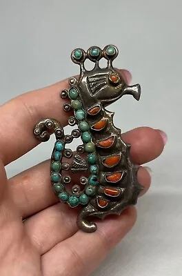 Vintage Mexican Sterling Silver Turquoise & Coral Seahorse Brooch SIGNED Matl • $975