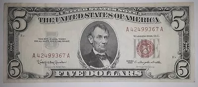 1963 $5 Dollar Bill RED SEAL (A 42499367 A) United States Note Circulated • $11.95