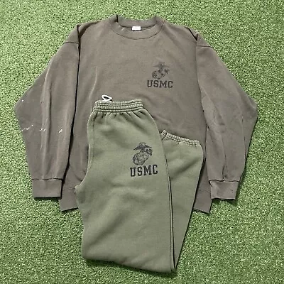 Vintage 90s USMC Marine Corps Olive Green Sweatshirt Sweatpant Set Large Small • $39.99