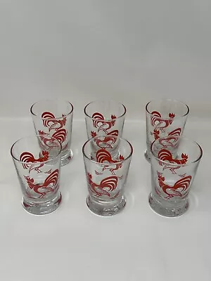 Vintage Libbey Red Rooster Juice Double Shot Glasses 4oz MCM Barware Set Of 6 • $36.99