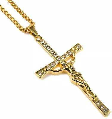 Gold Plated Long Crucifix Cross Necklace Bling Mens Womens • £5.95