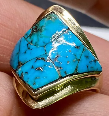 Beautiful Hopi Solid 14k Plum Gold & Morenci Turquoise Shield Design Ring Size 7 • $695