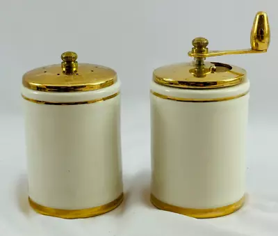 Vintage Olde Thompson Salt Shaker & Pepper Grinder Cream China Gold Tone • $15