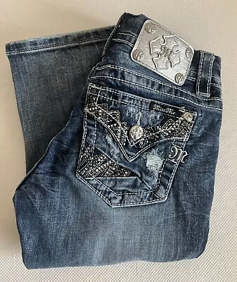 Miss Me Mid-Rise Easy Crop Jeans Distressed Denim Embellished Rhinestone Size 25 • $22.87