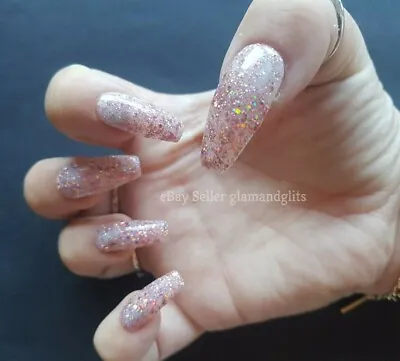£5.99 • Buy 24 Painted Gel Press On False Nails Jelly Pink Glitter Coffin Stiletto Square