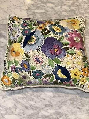 Vintage Throw Pillow Embroidered Crewel Flowers Cottage Granny Core 13x14 In • $15