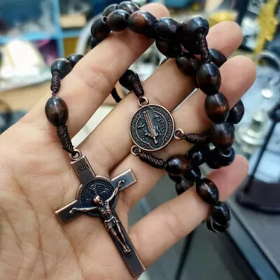 Saint St Benedict Deep Brown Wood Beads Rosary Prayer Crucifix Cross Necklace • $11.04