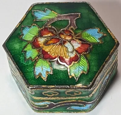 Vintage Cloisonne Enamel Floral Hexagon Shape Trinket Pill Box HIBISCUS Floral • $14.99