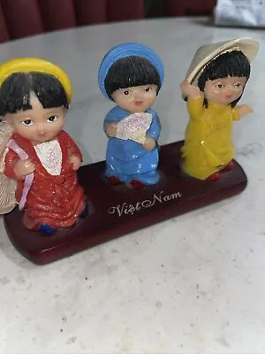 Viet Nam - Three Girls - Child Figurine Souvenir Wood Base Hand Painted 5  X 3  • $28.88