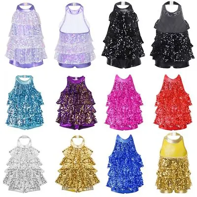 £14.39 • Buy Kids Girls Sequins Jazz Dance Costume Ballet Modern Halter Leotard Shiny Dress 