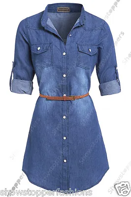 £24.95 • Buy NEW Womens Longline Denim Shirt Dress Ladies Jean Dresses Size 8 10 12 14 
