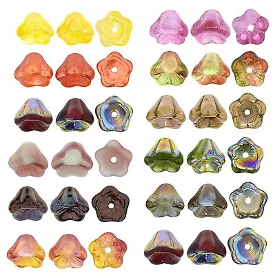 25 Bell Flower Czech Glass Beads 8MM Opaque & Transparent Vitral & Luster Colors • $2.25