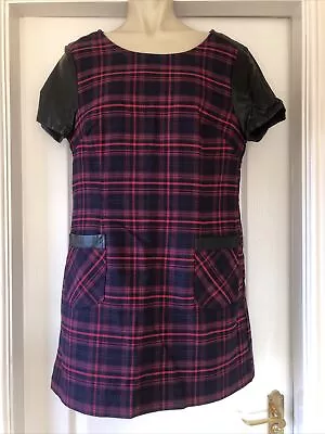 Ladies Checked Red & Black Summer Dress With Faux Leather Short Sleeve - Size 12 • £5.49