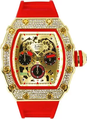 Men Iced Watch Bling Rapper Simulate Lab Diamond Luxury Rectangle Gold Red Band • $24.98